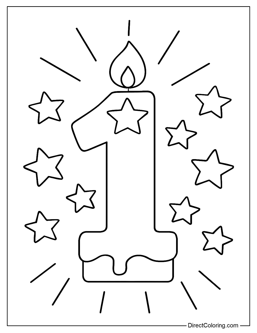 A number 1 coloring page decorated with stars and rays of light like the first candle